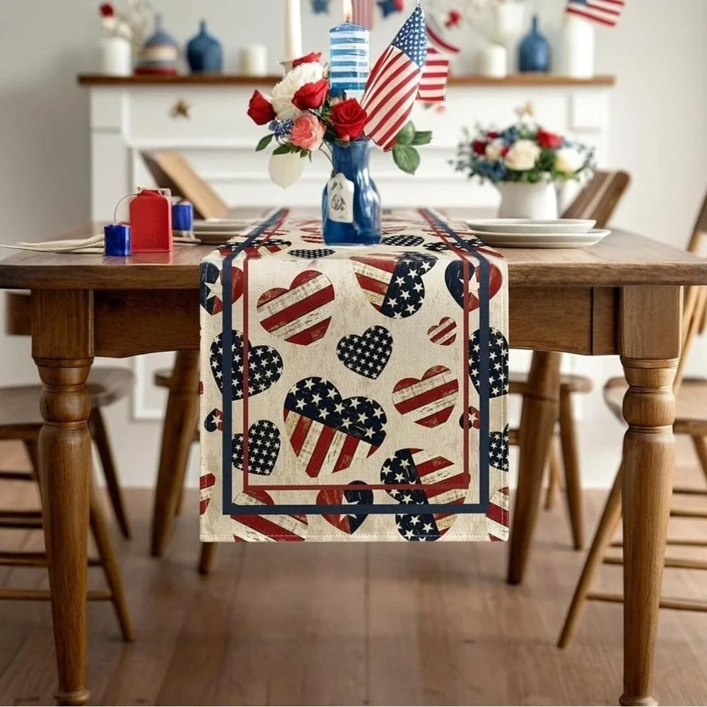 4th of July‎ Table Runner Stars Stripes  Hearts Patriotic Red White Blue 72x13in